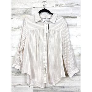 Michael Stars Womens L Sand White Stripe Robyn Lightweight Button Down Shirt NWT